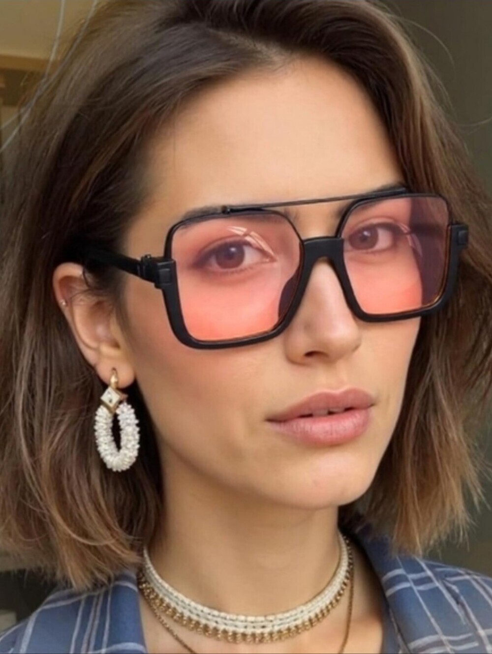 NEW Retro Oversized Sunglasses | Black & Gold | Semi Rimless - Light Tint Lenses
